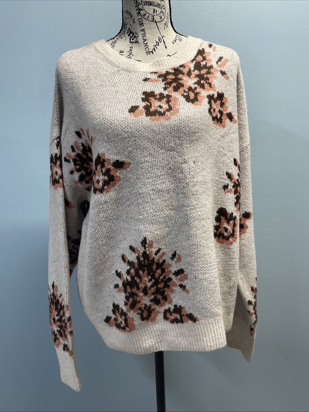Knox Rose Women's Sweater Floral Print Long Sleeve Crew Neck Size Large